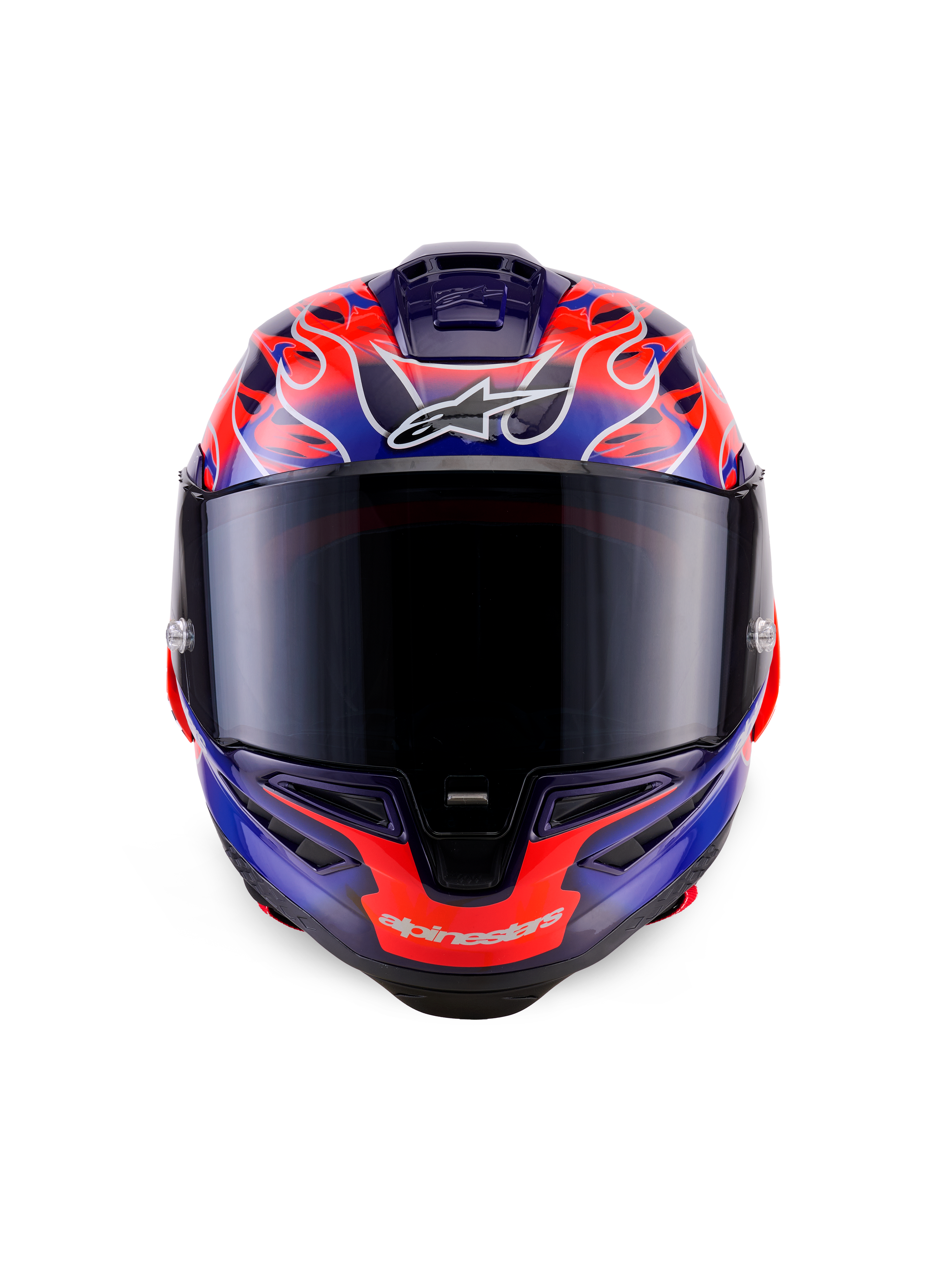 Alpinestars Supertech R10 Limited Edition Flyte Helmet, full-face racing helmet, front view, purple and orange flame motif, dark smoke visor, aerodynamic design for high-performance riding