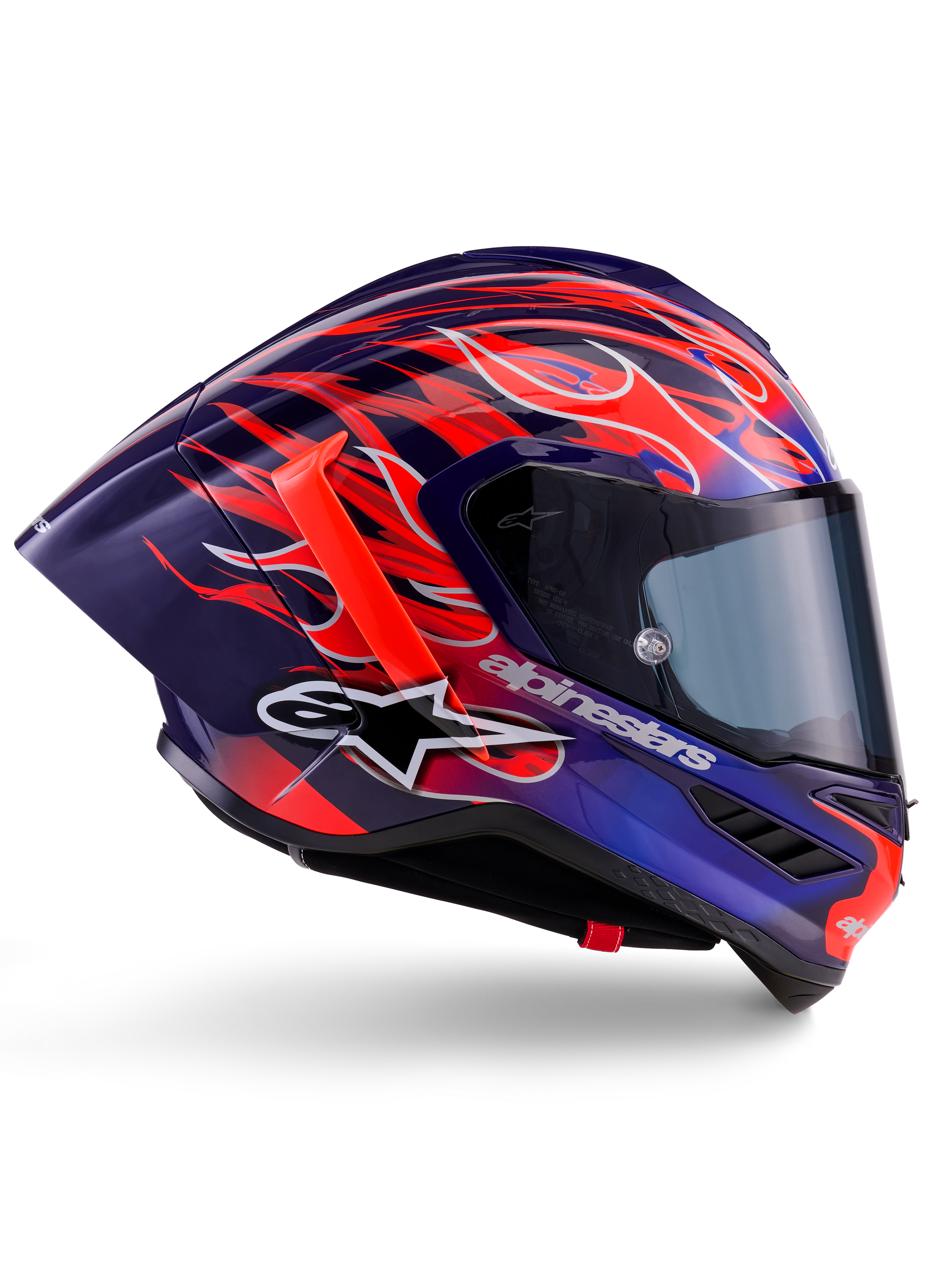 Alpinestars Supertech R10 Limited Edition Flyte Helmet, Purple Red Glossy, full-face motorcycle helmet featuring deep blue and purple base with vibrant orange and red flame motifs, aerodynamic profile with a red rear spoiler and dark smoke visor, professional racing gear