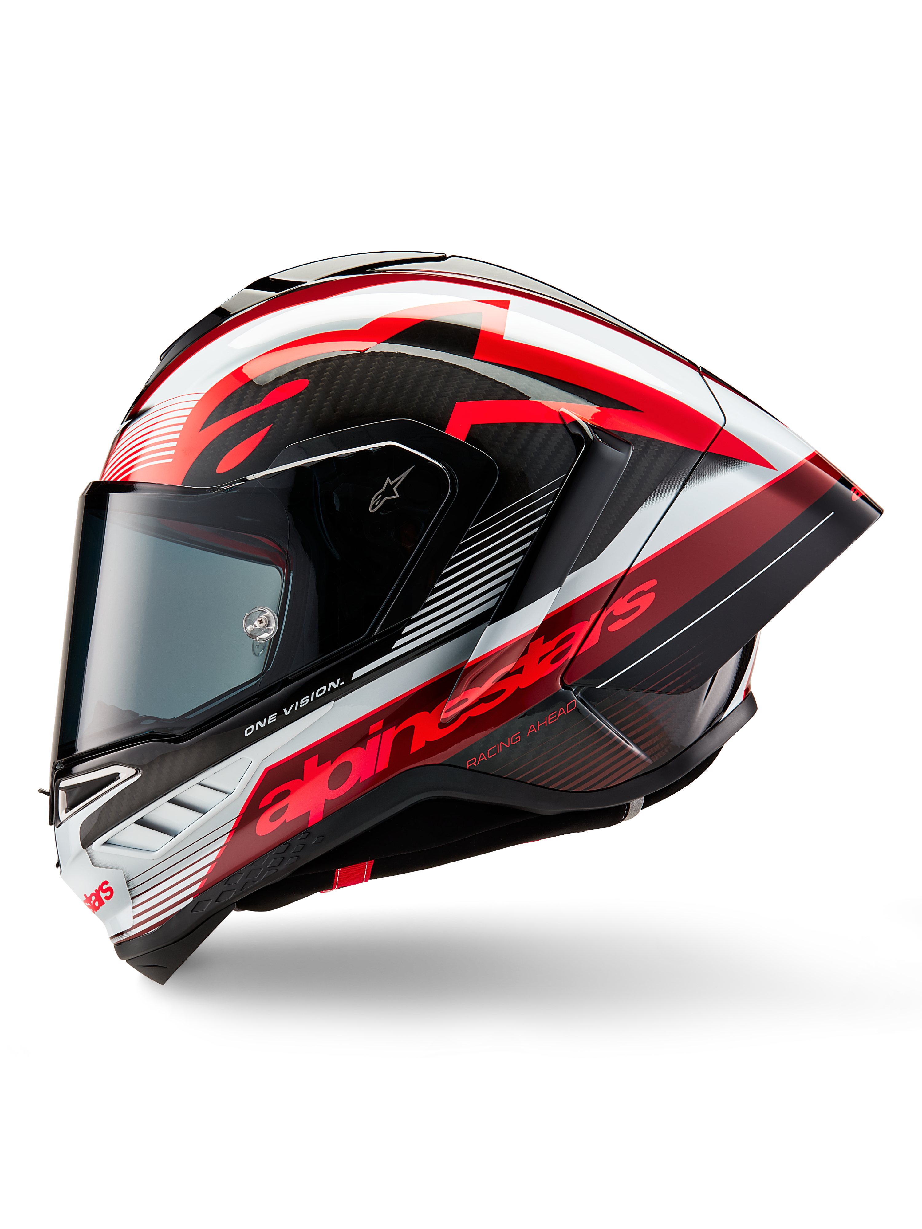 Alpinestars Supertech R10 Team Helmet, full-face motorcycle racing helmet, Black Carbon Red and White Glossy finish, side profile showing aerodynamic design, bold red branding with 'One Vision' and 'Racing Ahead' text, sleek carbon fiber construction for professional performance.