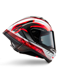 Alpinestars Supertech R10 Team Helmet, Motorcycle Racing Helmet, Black Carbon with Red and White Glossy Graphics, aerodynamic profile view featuring a dark visor, carbon fiber details, and bold red branding, high-performance racing gear