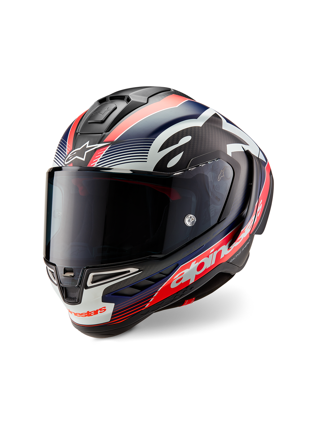 Alpinestars Supertech R10 Team Helmet, Black Carbon with Red Fluo and Matte Blue graphics, three-quarter front view, featuring a dark smoke visor, aerodynamic race shell, and bold white Alpinestars branding.