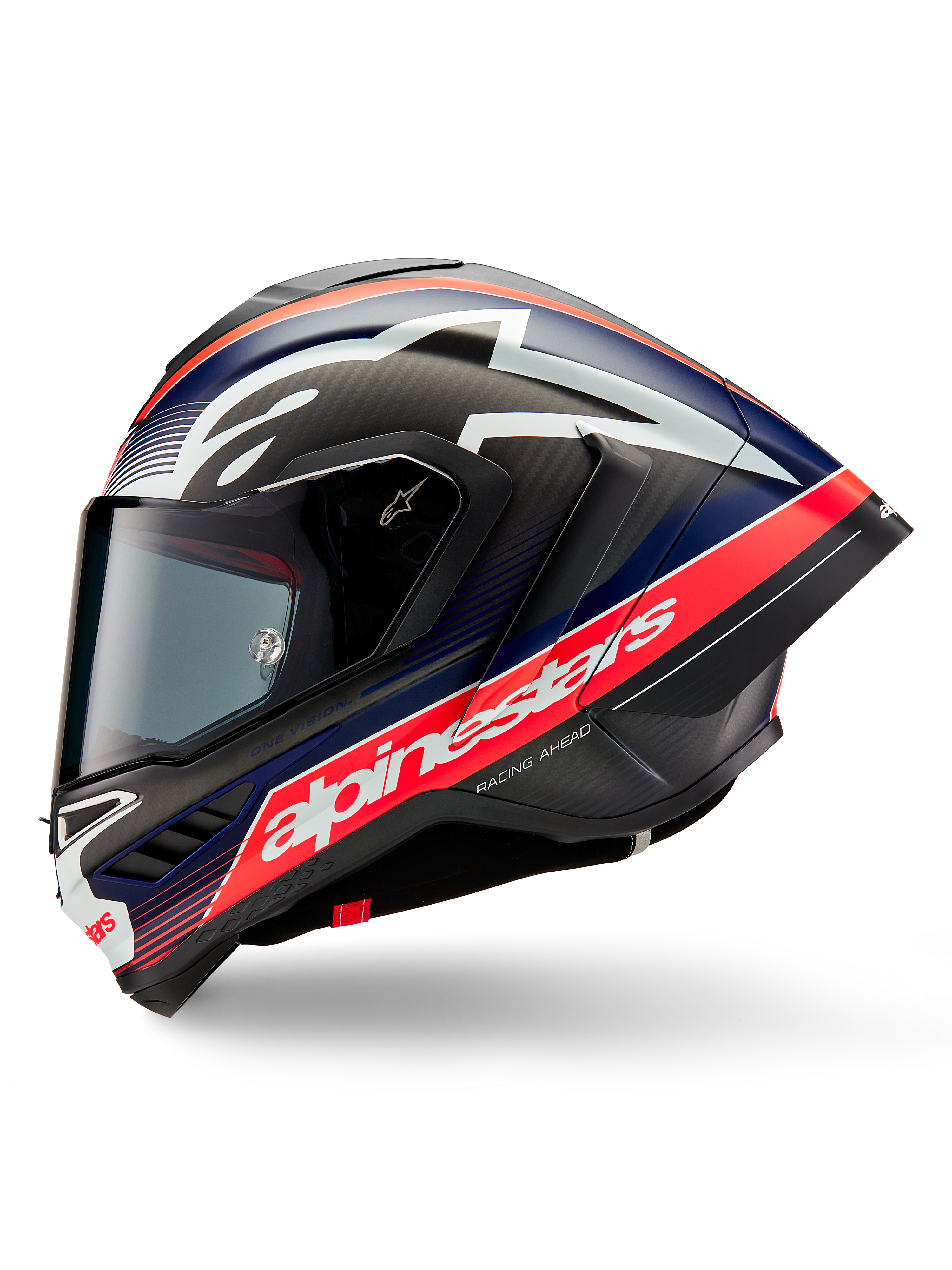 Alpinestars Supertech R10 Team Helmet, side profile view, Black Carbon Red Fluo and Blue Matte, featuring a large white Alpinestars logo on a red stripe, aerodynamic carbon fiber shell with a tinted visor, high-performance motorcycle racing gear