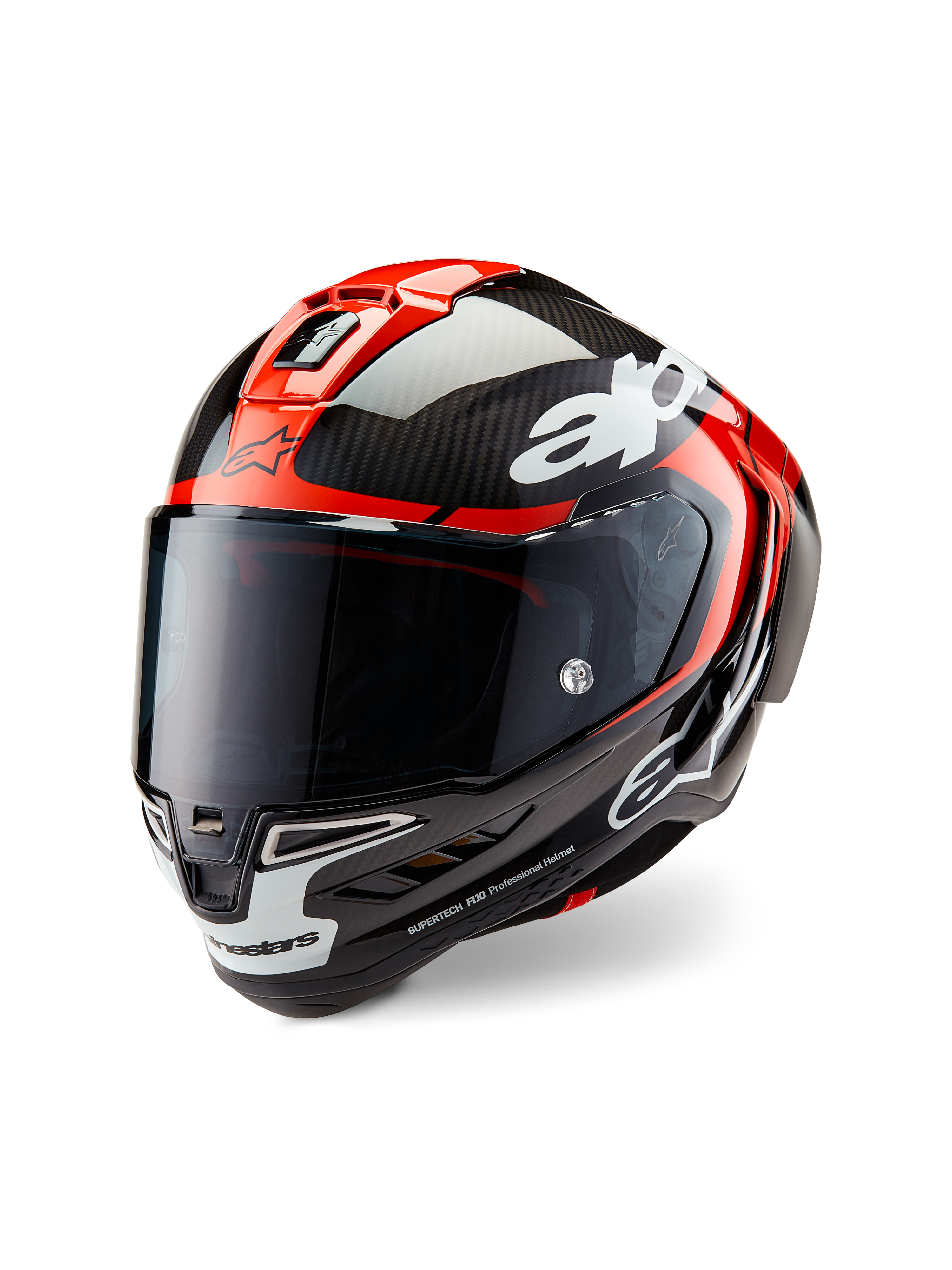 Alpinestars Supertech R10 Element Helmet, Racing Motorcycle Helmet, Black Carbon Bright Red and White Glossy, three-quarter front view with a dark tinted visor, featuring a glossy carbon fiber shell, red top vents, white chin accents, and bold Alpinestars branding, designed for aerodynamic racing performance.