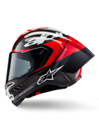 Alpinestars Supertech R10 Element Helmet, Full-Face Racing Helmet, Black Carbon Bright Red and White Glossy, side profile view showing aerodynamic carbon fiber shell with exposed weave, white Alpinestars branding, and integrated rear spoiler