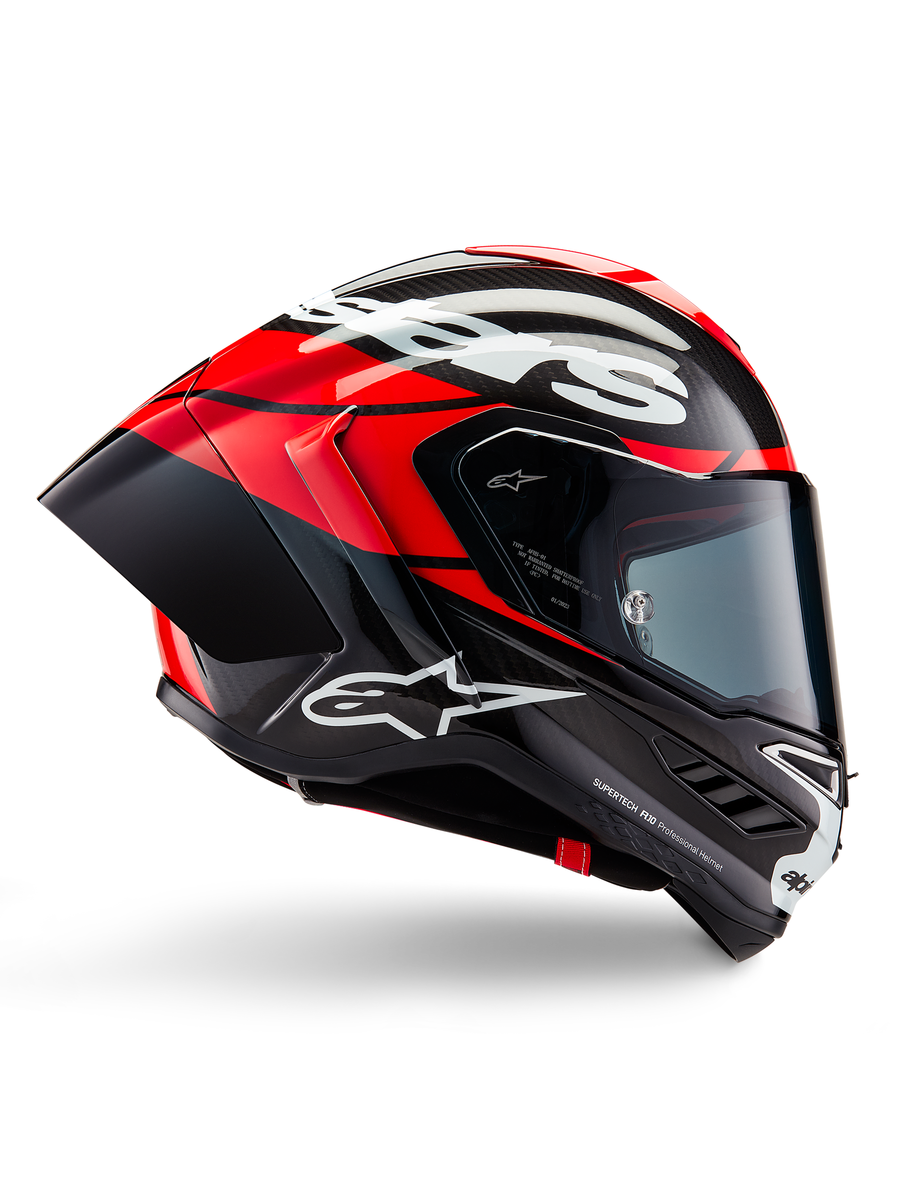 Alpinestars Supertech R10 Element Helmet, Full-face motorcycle racing helmet, Black Carbon with Bright Red and White accents, side profile showing aerodynamic carbon fiber shell, glossy finish with white logo, tinted visor, professional racing protection