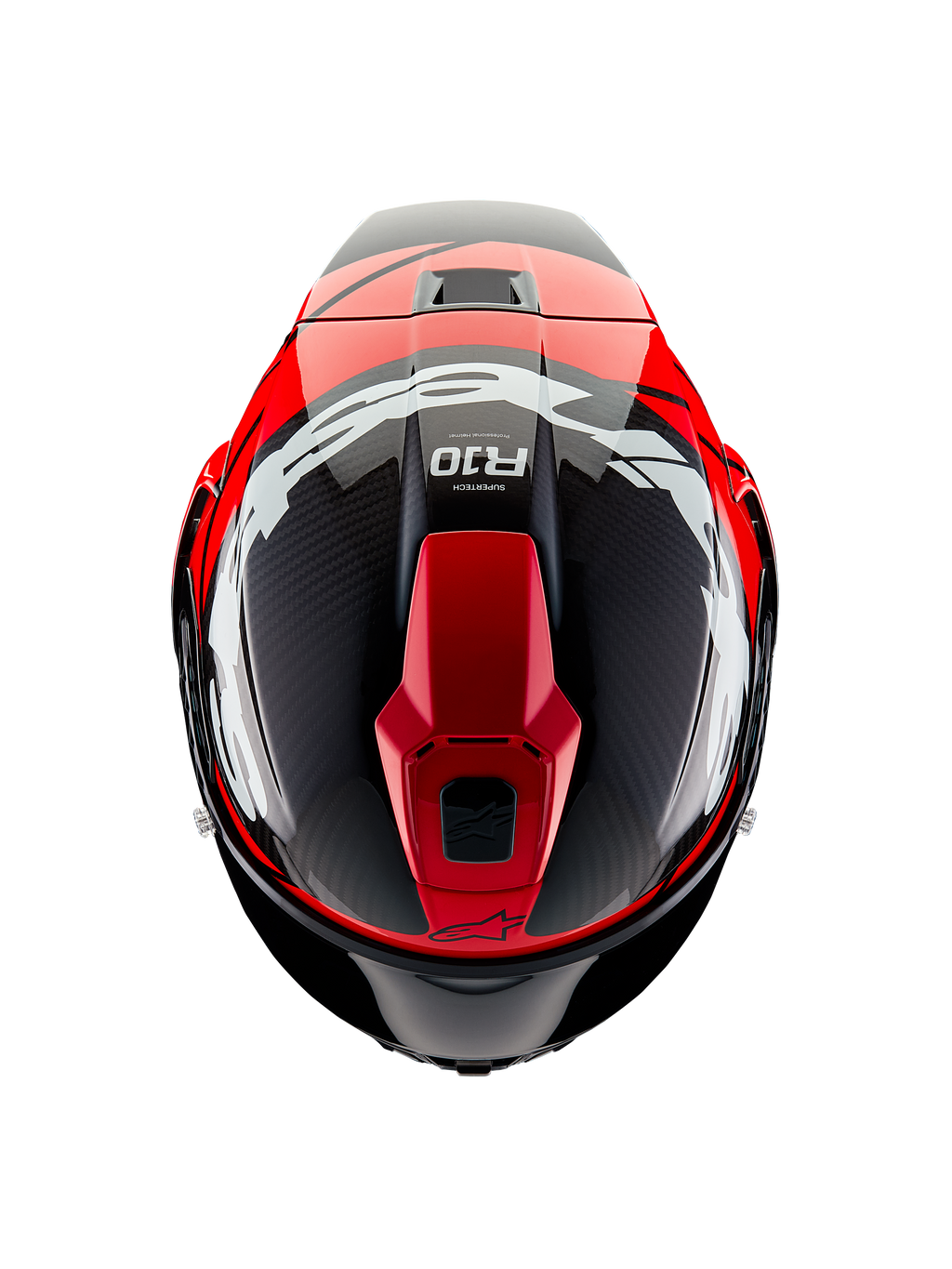 Alpinestars Supertech R10 Element Helmet, Top View, Black Carbon with Bright Red and White Glossy graphics, aerodynamic race helmet featuring large white logos and visible carbon fiber weave