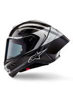 Alpinestars Supertech R10 Element Helmet, Full-Face Motorcycle Racing Helmet, Black Carbon Silver and Black Glossy, side profile view showing carbon fiber weave and aerodynamic rear spoiler, sleek design with Alpinestars branding and professional race finish