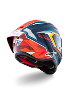Alpinestars Supertech R10 Acosta Limited Edition Helmet, Rear-quarter view, Blue Red and White Matt finish, featuring aerodynamic spoiler, shark graphic on the back, Alpinestars logos, and DOT certification, high-performance racing motorcycle helmet