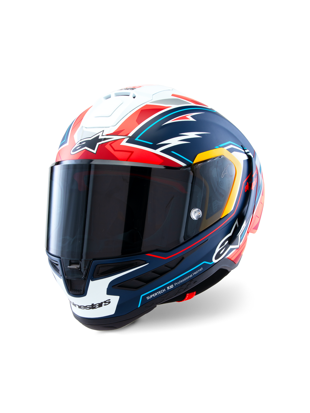Alpinestars Supertech R10 Acosta Limited Edition Helmet, full-face motorcycle racing helmet, Blue Red and White Matt with graphic accents, aerodynamic carbon shell design, dark smoke visor, high-performance professional protective gear