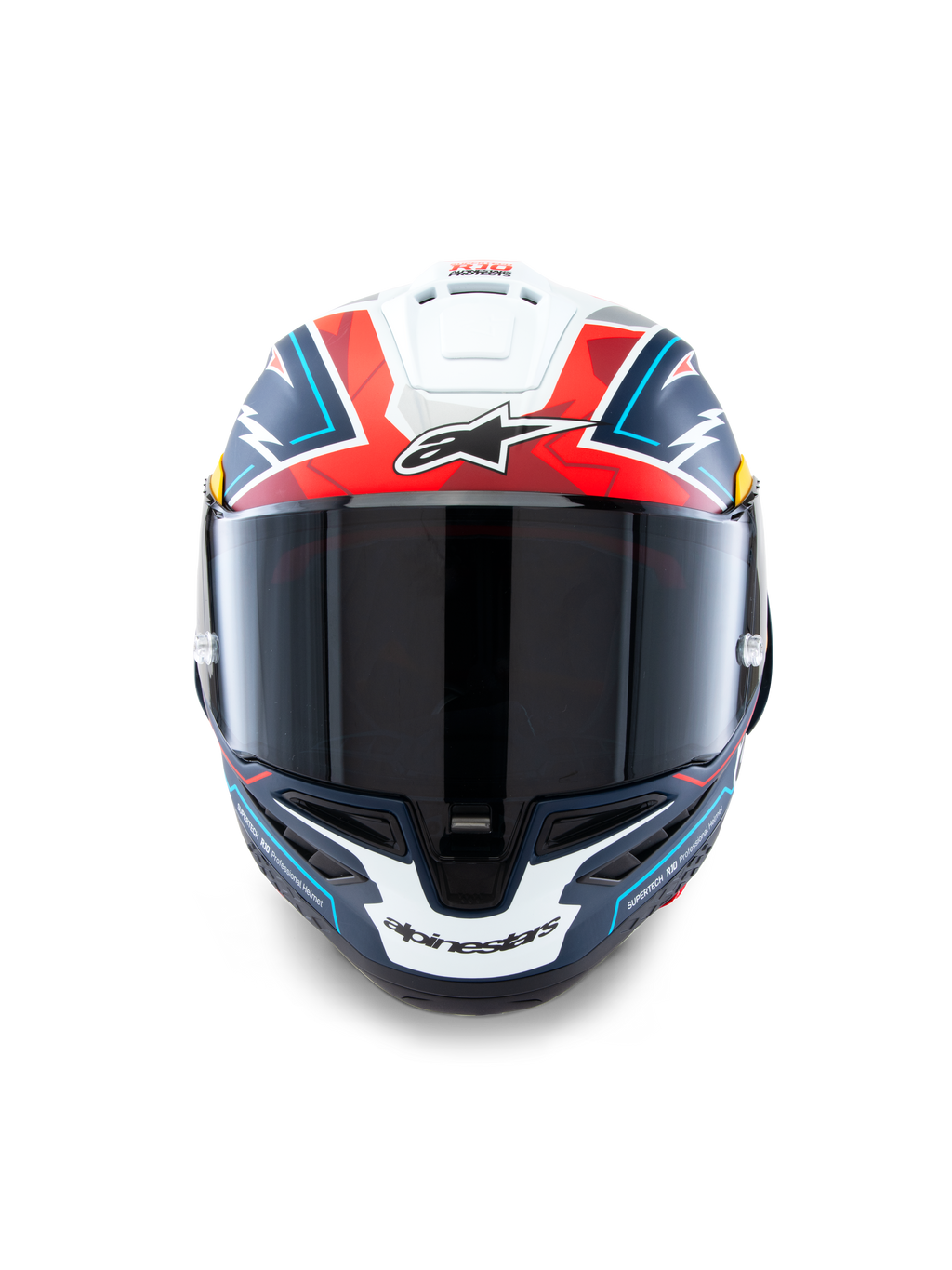 Alpinestars Supertech R10 Acosta Limited Edition Helmet, Front View, Blue Red and White Matt, high-performance racing helmet with dark smoke visor, bold geometric design and Alpinestars branding, carbon composite shell