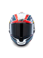 Alpinestars Supertech R10 Acosta Limited Edition Helmet, Front View, Blue Red and White Matt, high-performance racing helmet with dark smoke visor, bold geometric design and Alpinestars branding, carbon composite shell