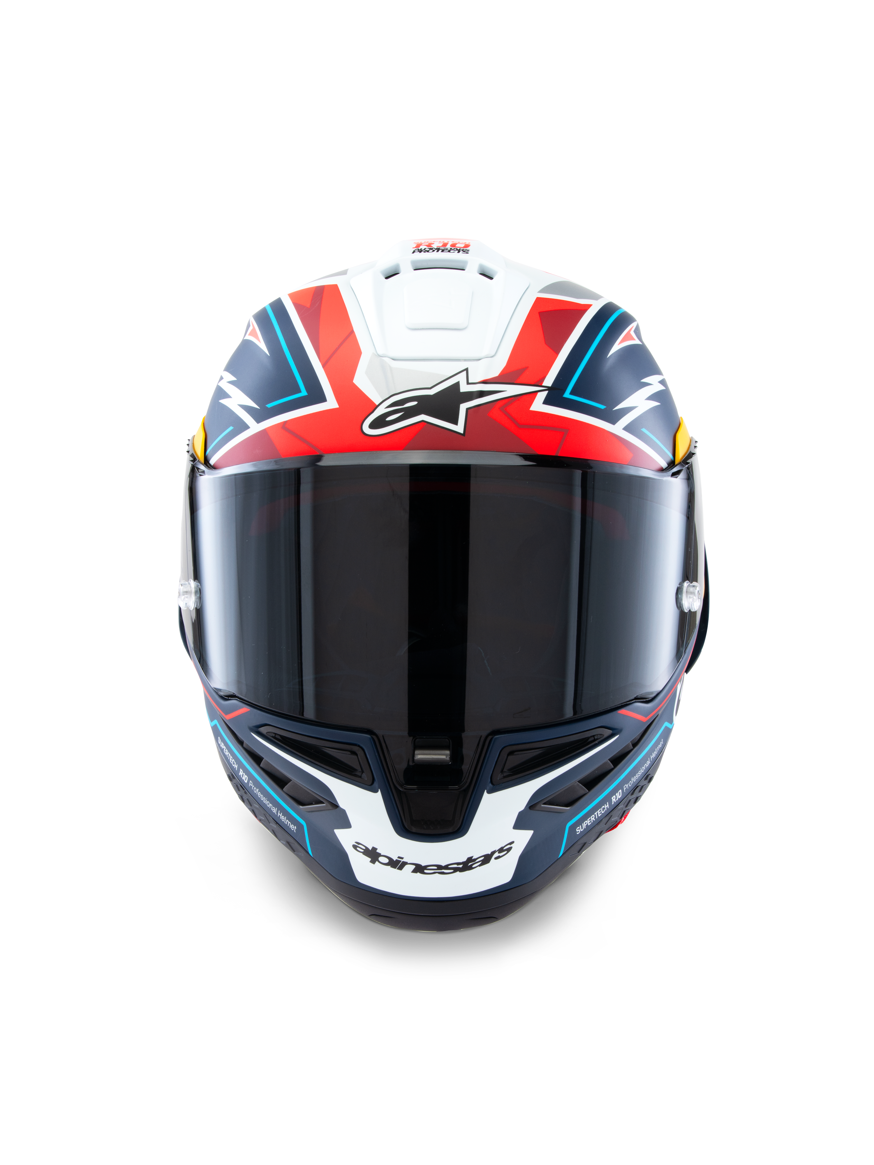 Alpinestars Supertech R10 Acosta Limited Edition Helmet, Front View, Blue Red and White Matt, high-performance racing helmet with dark smoke visor, bold geometric design and Alpinestars branding, carbon composite shell