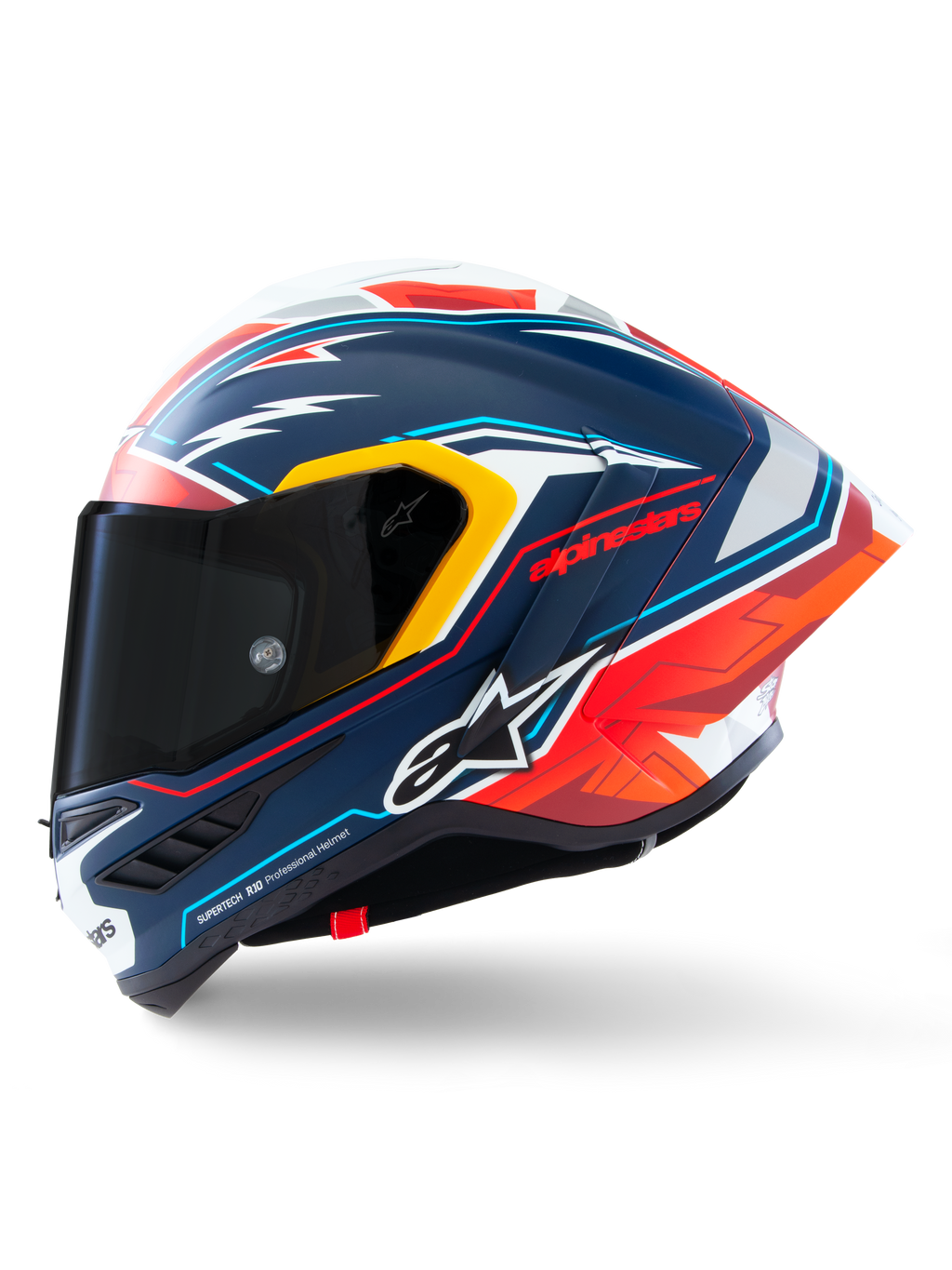 Alpinestars Supertech R10 Acosta Limited Edition Helmet, Full-Face Racing Helmet, Matte Blue with Red White and Yellow accents, side view showing dark smoke visor and aerodynamic winglet, professional carbon fiber racing design