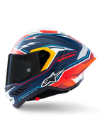 Alpinestars Supertech R10 Acosta Limited Edition Helmet, Full-Face Racing Helmet, Matte Blue with Red White and Yellow accents, side view showing dark smoke visor and aerodynamic winglet, professional carbon fiber racing design