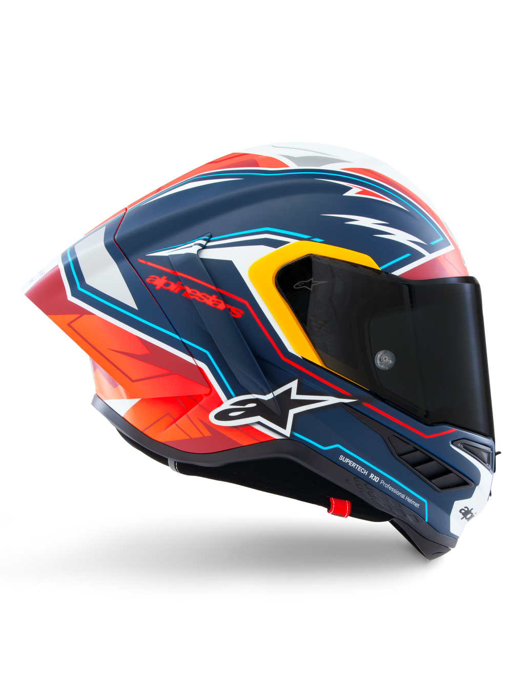 Alpinestars Supertech R10 Acosta Limited Edition Helmet, motorcycle racing helmet, matte blue with red, orange, and white graphic design, side profile view, dark smoke visor, aerodynamic carbon shell, professional-grade performance