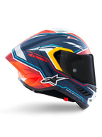 Alpinestars Supertech R10 Acosta Limited Edition Helmet, motorcycle racing helmet, matte blue with red, orange, and white graphic design, side profile view, dark smoke visor, aerodynamic carbon shell, professional-grade performance