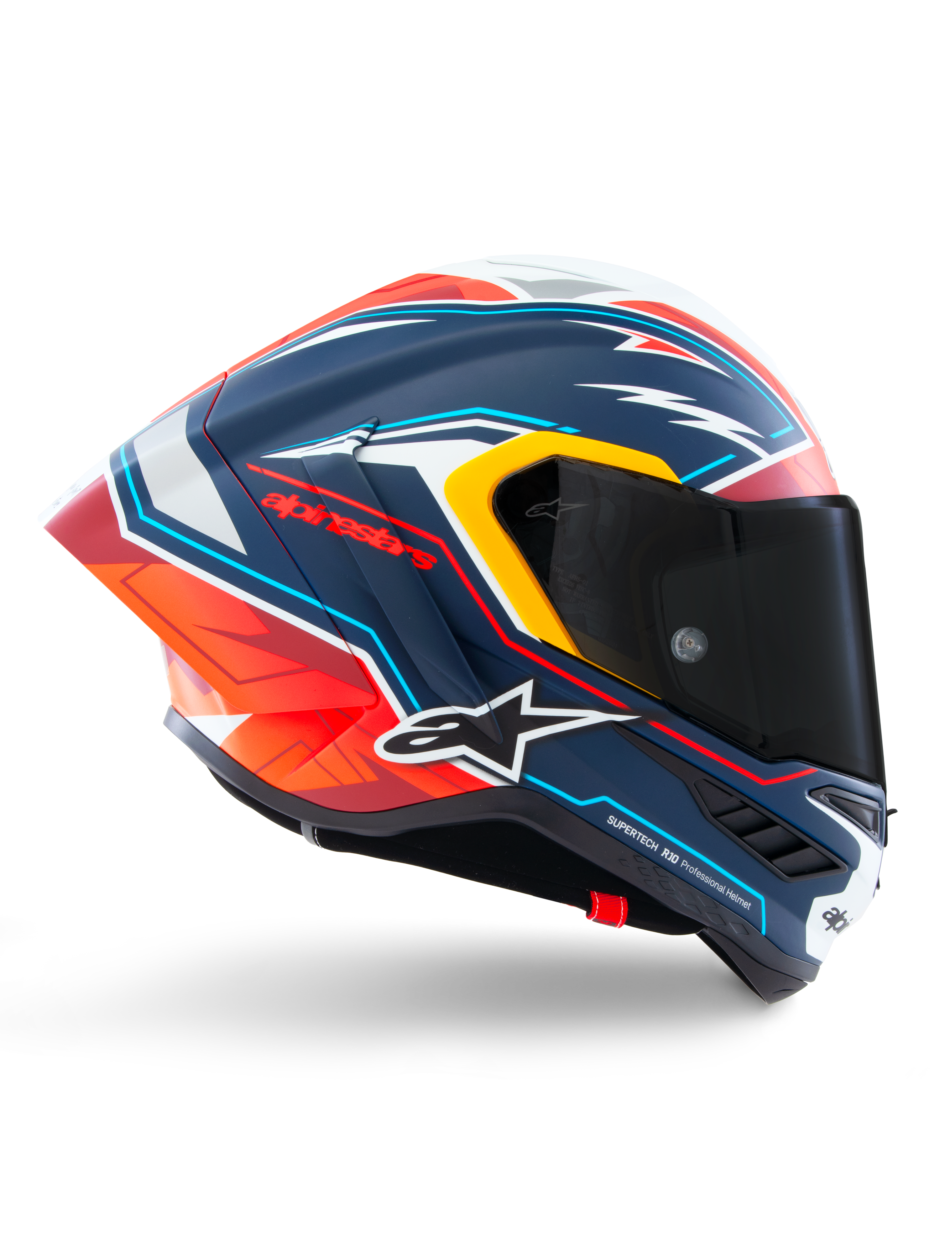 Alpinestars Supertech R10 Acosta Limited Edition Helmet, motorcycle racing helmet, matte blue with red, orange, and white graphic design, side profile view, dark smoke visor, aerodynamic carbon shell, professional-grade performance
