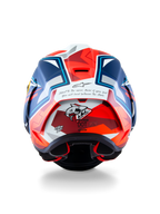 Alpinestars Supertech R10 Acosta Limited Edition Helmet, Rear View, Blue Red and White Matt, featuring "Shark Zone" shark graphic and inspirational quote on the back, aerodynamic racing spoiler and professional motorcycle protection