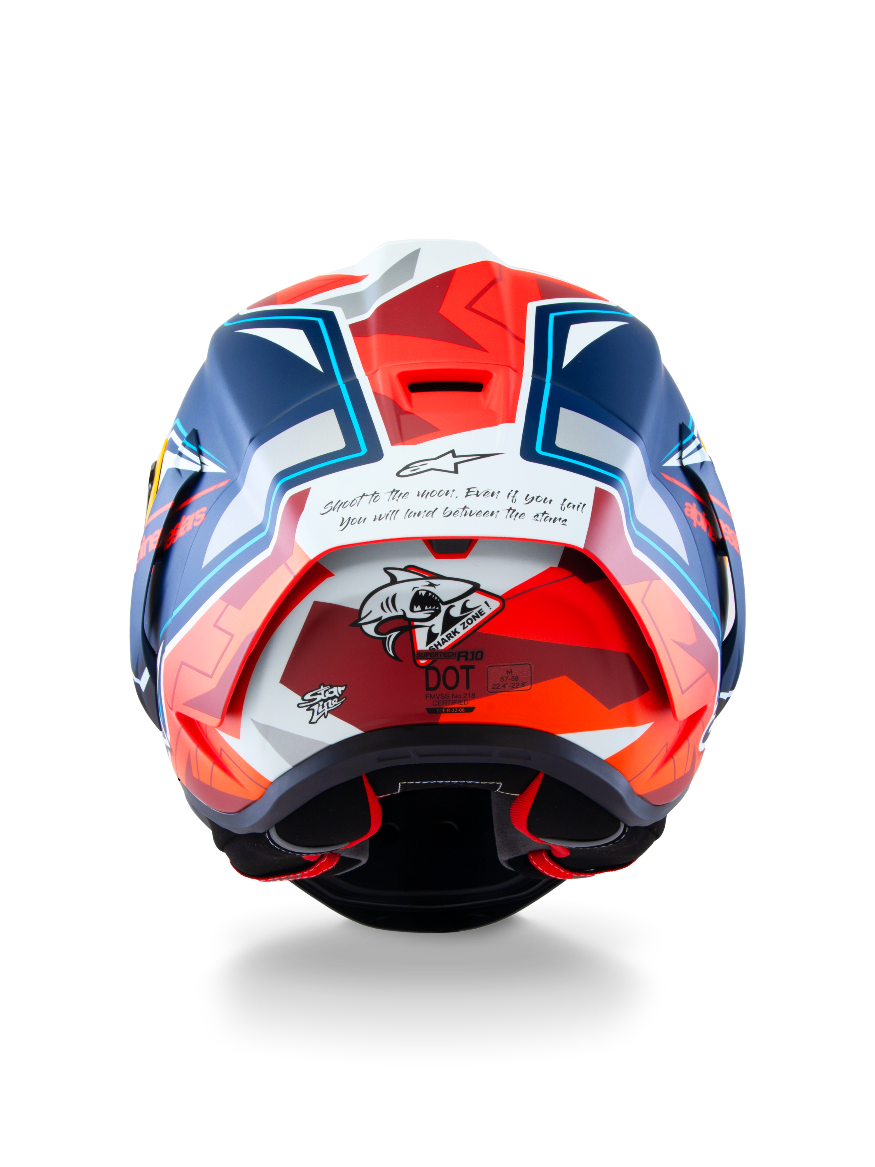 Alpinestars Supertech R10 Acosta Limited Edition Helmet, Rear View, Blue Red and White Matt, featuring "Shark Zone" shark graphic and inspirational quote on the back, aerodynamic racing spoiler and professional motorcycle protection