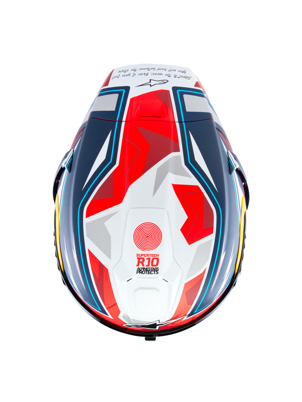 Alpinestars Supertech R10 Acosta Limited Edition Helmet, top view, Blue Red and White Matt, racing motorcycle helmet featuring aerodynamic shell with geometric graphics, 'Supertech R10' branding on crown, and matte finish.