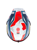 Alpinestars Supertech R10 Acosta Limited Edition Helmet, top view, Blue Red and White Matt, racing motorcycle helmet featuring aerodynamic shell with geometric graphics, 'Supertech R10' branding on crown, and matte finish.