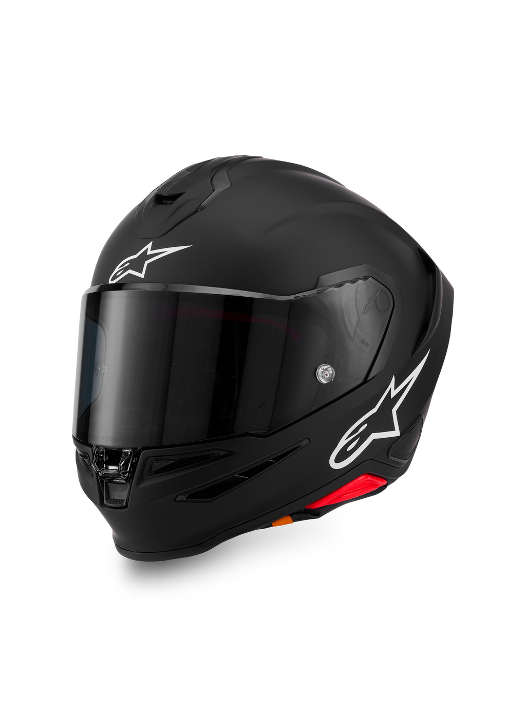 Alpinestars S-R7 Solid Helmet, full-face motorcycle helmet, Black Matte with white A-star logos on forehead and side, dark tinted visor, aerodynamic shell design for racing and sport riding