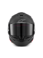 Alpinestars S-R7 Solid Helmet, full-face motorcycle helmet in Black Matte, front view showing aerodynamic shell with dark visor, integrated chin and top vents, and signature Astar logo on the forehead.