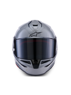 Alpinestars S-R7 Solid Helmet, Full-Face Motorcycle Helmet, Gray Glossy, front view with dark tinted visor, black A-star logo on forehead, aerodynamic shell with integrated ventilation, designed for racing and sport performance.