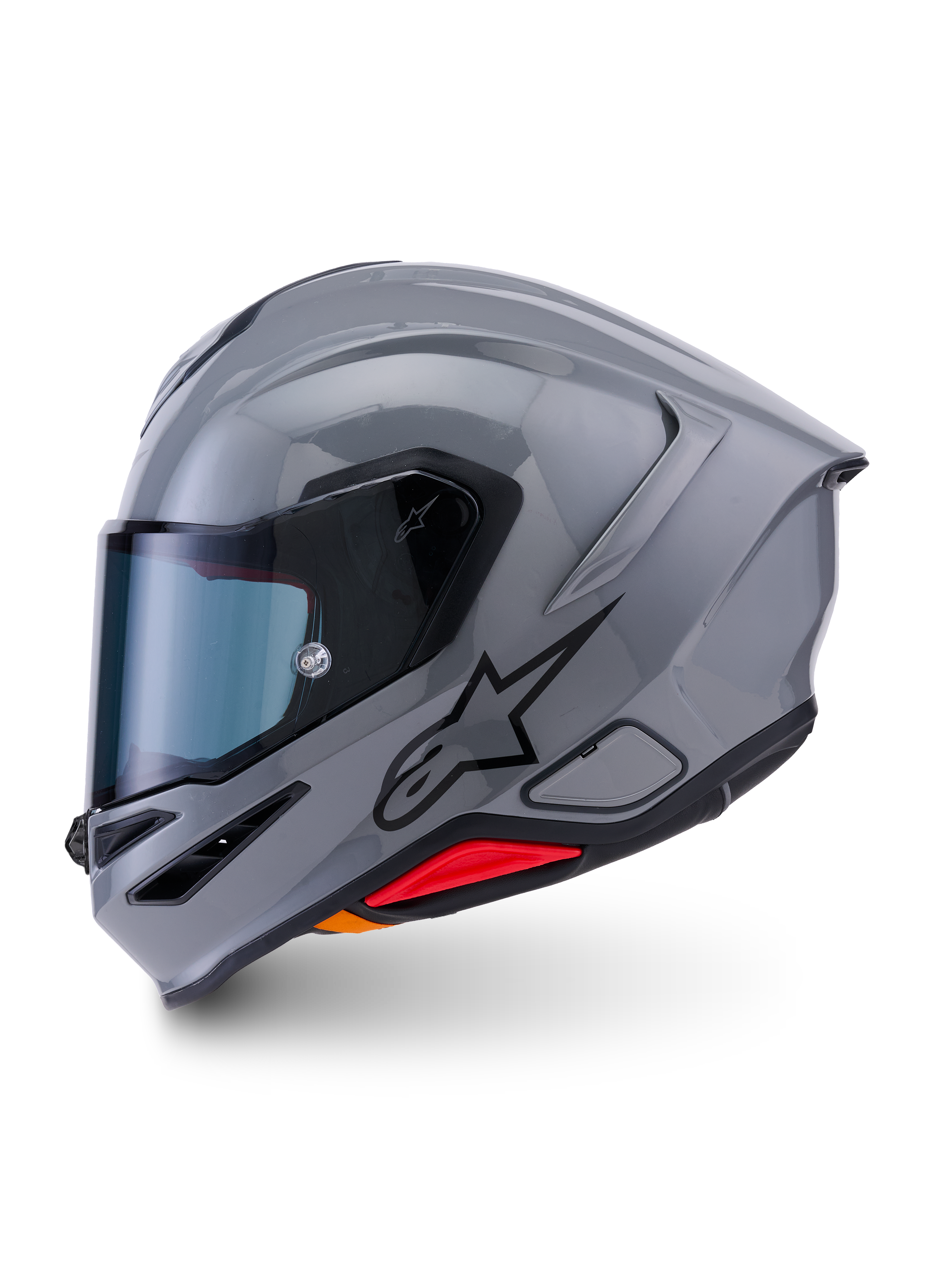 Alpinestars S-R7 Solid Helmet, full-face motorcycle helmet, Gray Glossy, side profile showing sleek aerodynamic design with integrated spoiler, black star logo, and red accent at the base