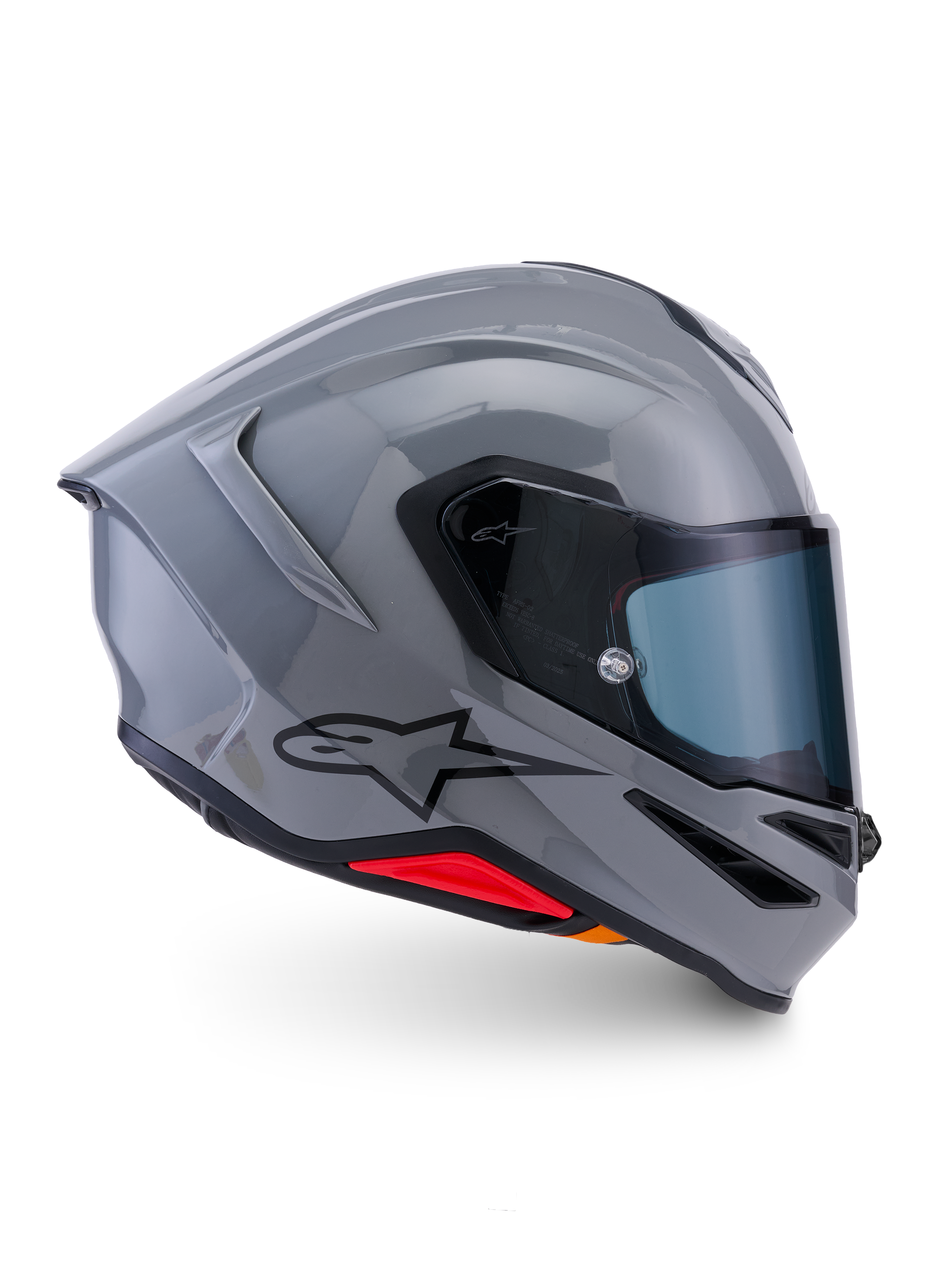 Alpinestars S-R7 Solid Helmet, Full-Face Motorcycle Helmet, Gray Glossy, side profile view showing aerodynamic shell with black Alpinestars logo and red base accents, high-performance racing gear