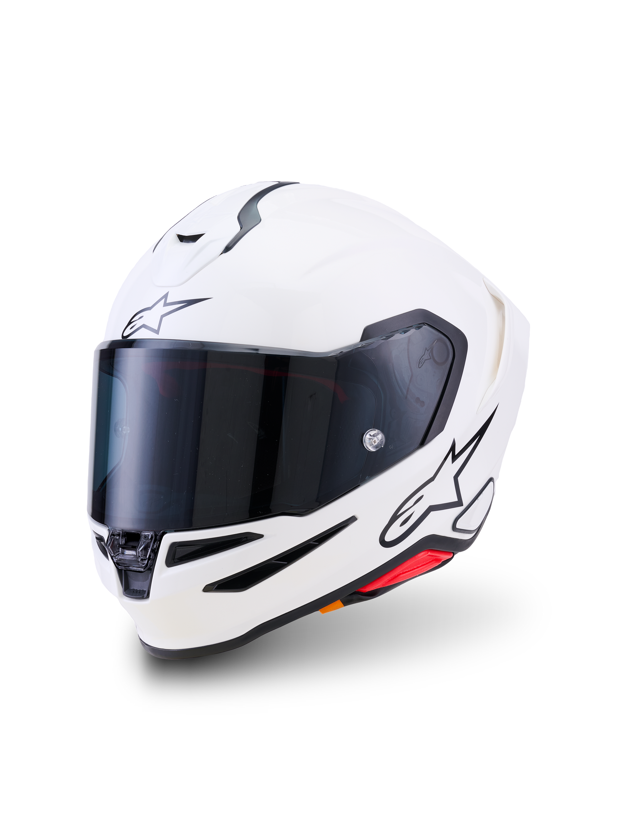 Alpinestars S-R7 Solid Helmet, Full-face Motorcycle Helmet, White Glossy, dark smoke visor, black star logo on forehead and side, aerodynamic shell with ventilation ports and red accents, high-performance racing and road gear