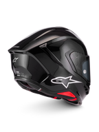 Alpinestars Supertech R7 Solid Helmet, black glossy motorcycle helmet featuring aerodynamic shell design, white Astar logo, and ECE/DOT certification details