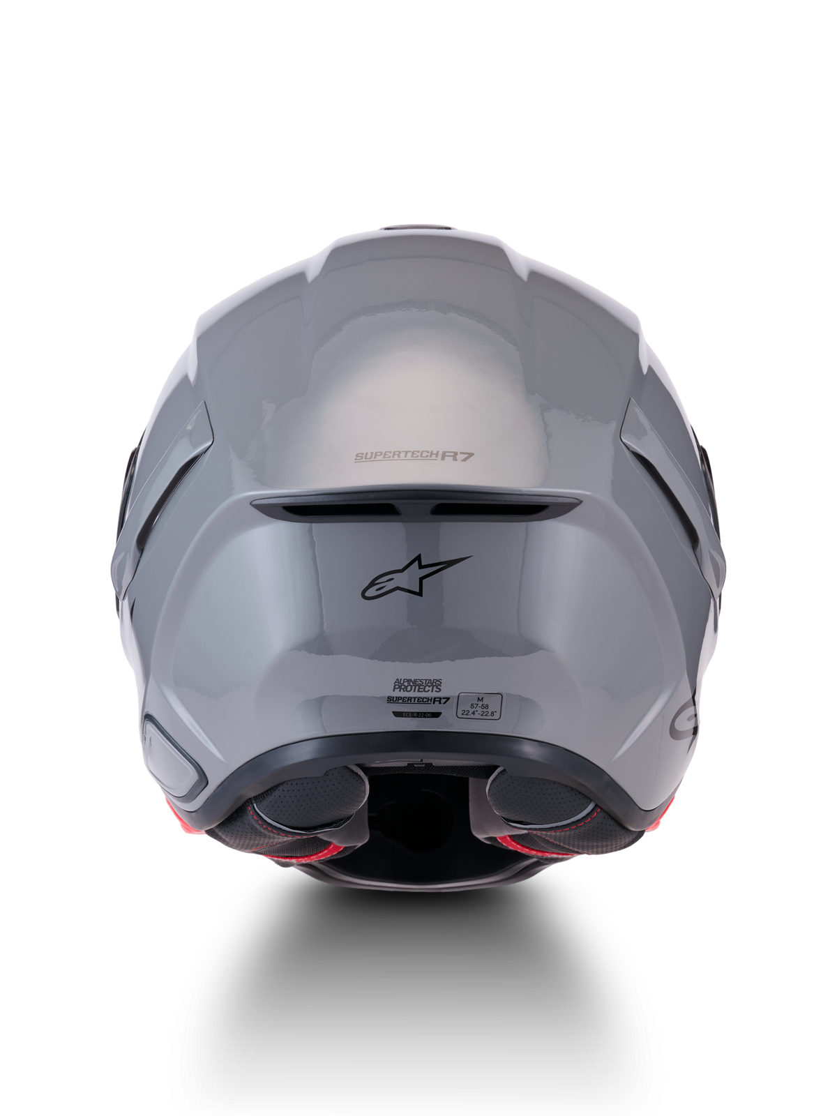 Alpinestars S-R7 Solid Helmet, ECE 22.06 motorcycle helmet, gray glossy, rear view showcasing aerodynamics, spoiler, and A-star logo