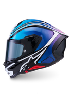 Alpinestars S-R7 Zeal Helmet, full-face motorcycle helmet, ECE 22.06 certified, black, blue, pink, and white glossy finish with carbon composite construction and aerodynamic spoiler