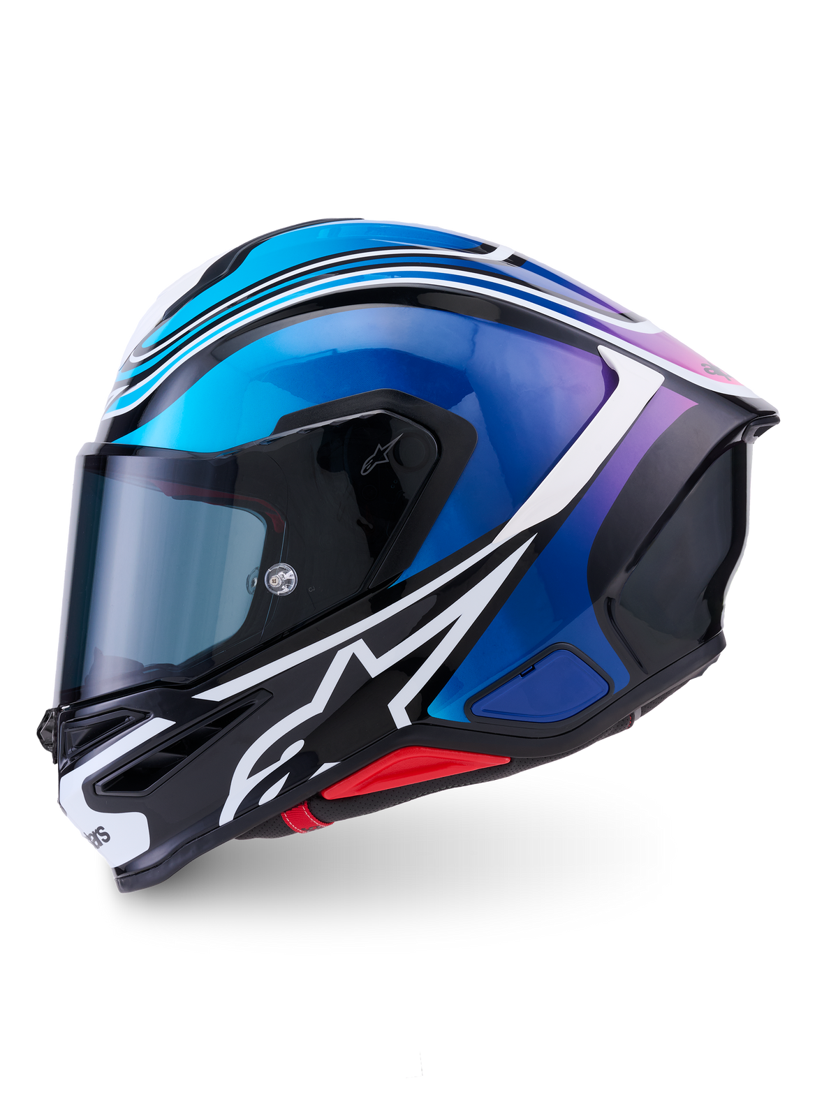 Alpinestars S-R7 Zeal Helmet, full-face motorcycle helmet, ECE 22.06 certified, black, blue, pink, and white glossy finish with carbon composite construction and aerodynamic spoiler