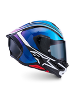 Alpinestars S-R7 Zeal Helmet, full-face motorcycle racing helmet, Black, Blue, Pink Fluo, and White, carbon composite construction, ECE 22.06 certified, side profile view showing aerodynamic shell and visor