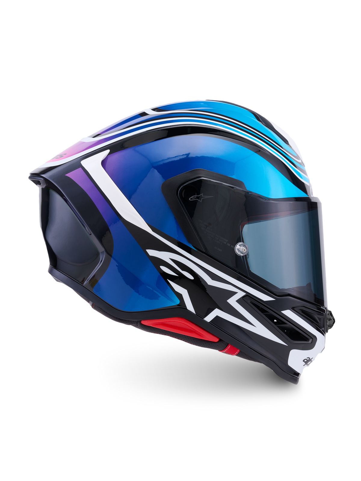 Alpinestars S-R7 Zeal Helmet, full-face motorcycle racing helmet, Black, Blue, Pink Fluo, and White, carbon composite construction, ECE 22.06 certified, side profile view showing aerodynamic shell and visor