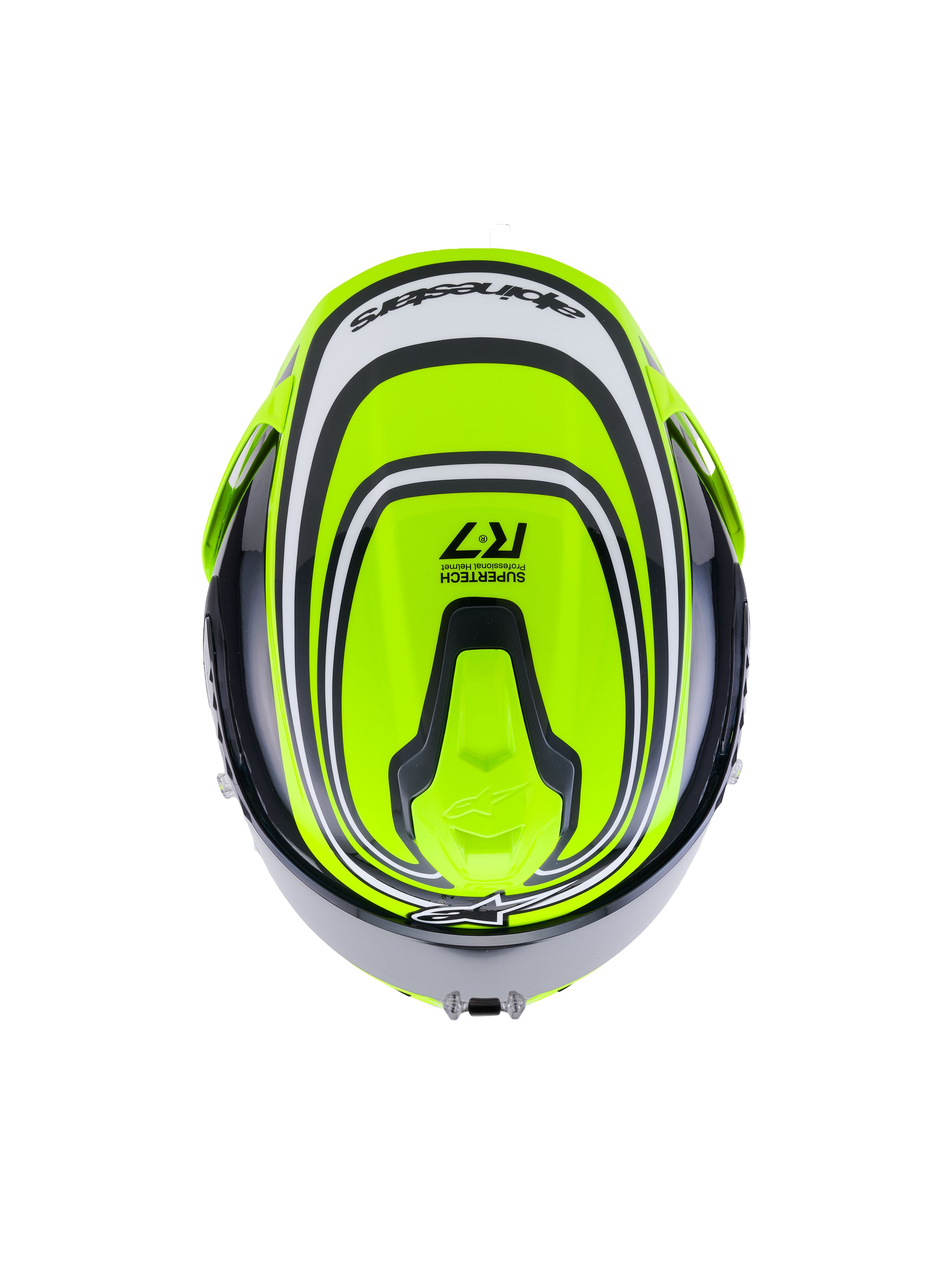 Alpinestars S-R7 Zeal Helmet ECE 22.06, full-face road motorcycle helmet in Yellow Fluo, Black, and White Glossy, top-down view highlighting aerodynamic design, ventilation vents, and Supertech R7 branding details