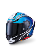 Alpinestars S-R7 Zeal Helmet ECE 22.06, full face motorcycle racing helmet, Black, Blue, Pink Fluo, and White Glossy, carbon fiber construction with aerodynamic styling and clear visor