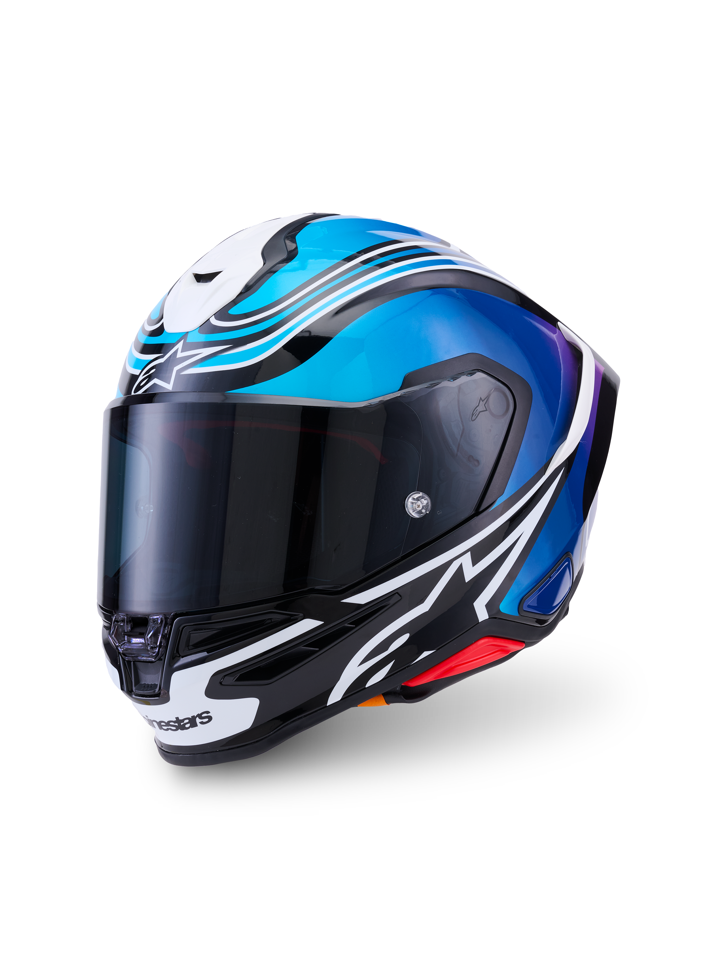 Alpinestars S-R7 Zeal Helmet ECE 22.06, full face motorcycle racing helmet, Black, Blue, Pink Fluo, and White Glossy, carbon fiber construction with aerodynamic styling and clear visor