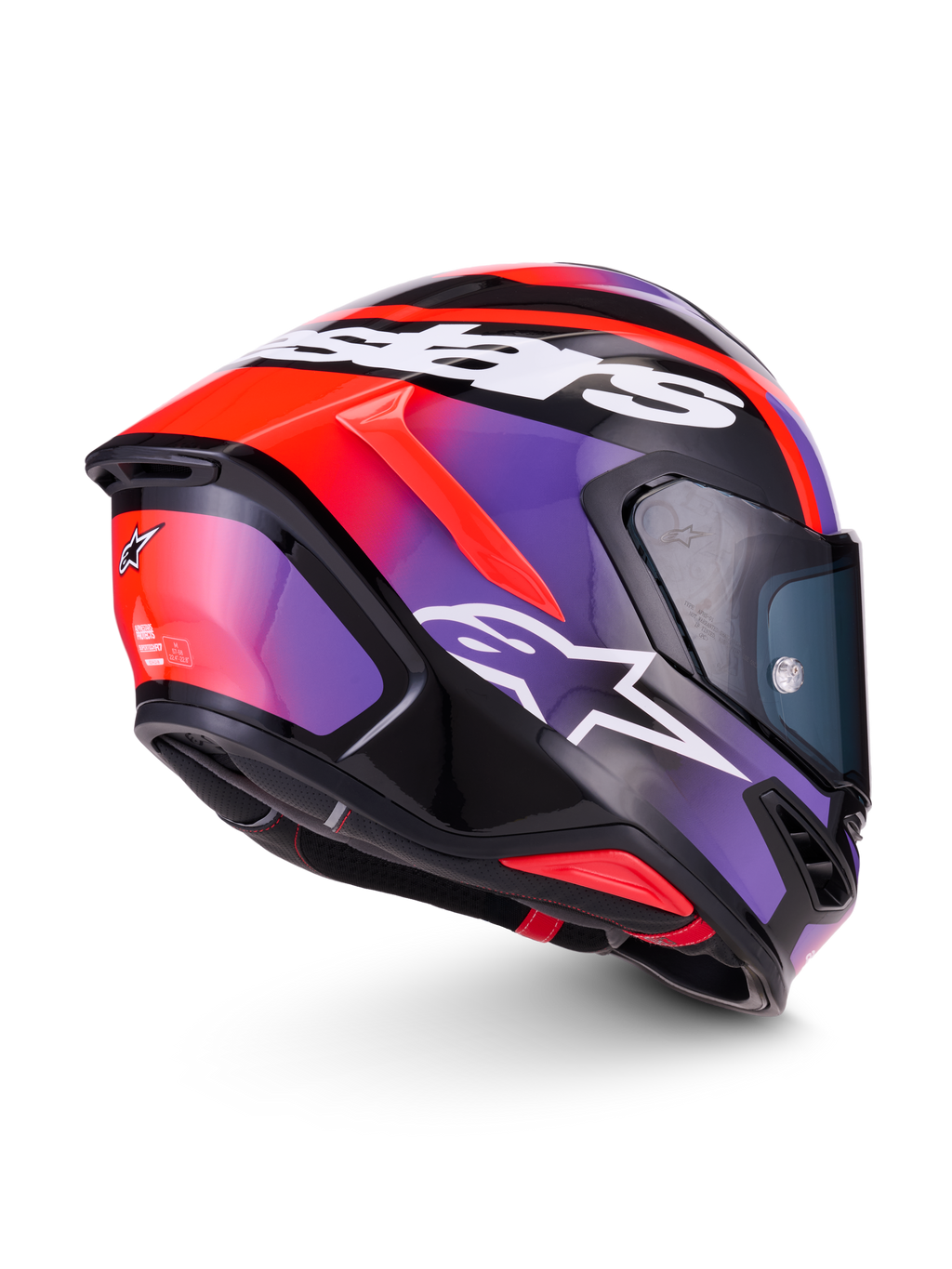 Alpinestars S-R7 Lumen Helmet ECE 22.06, full-face road racing motorcycle helmet in Black, Purple, Red Fluo, and White Glossy, featuring carbon composite construction and aerodynamic design