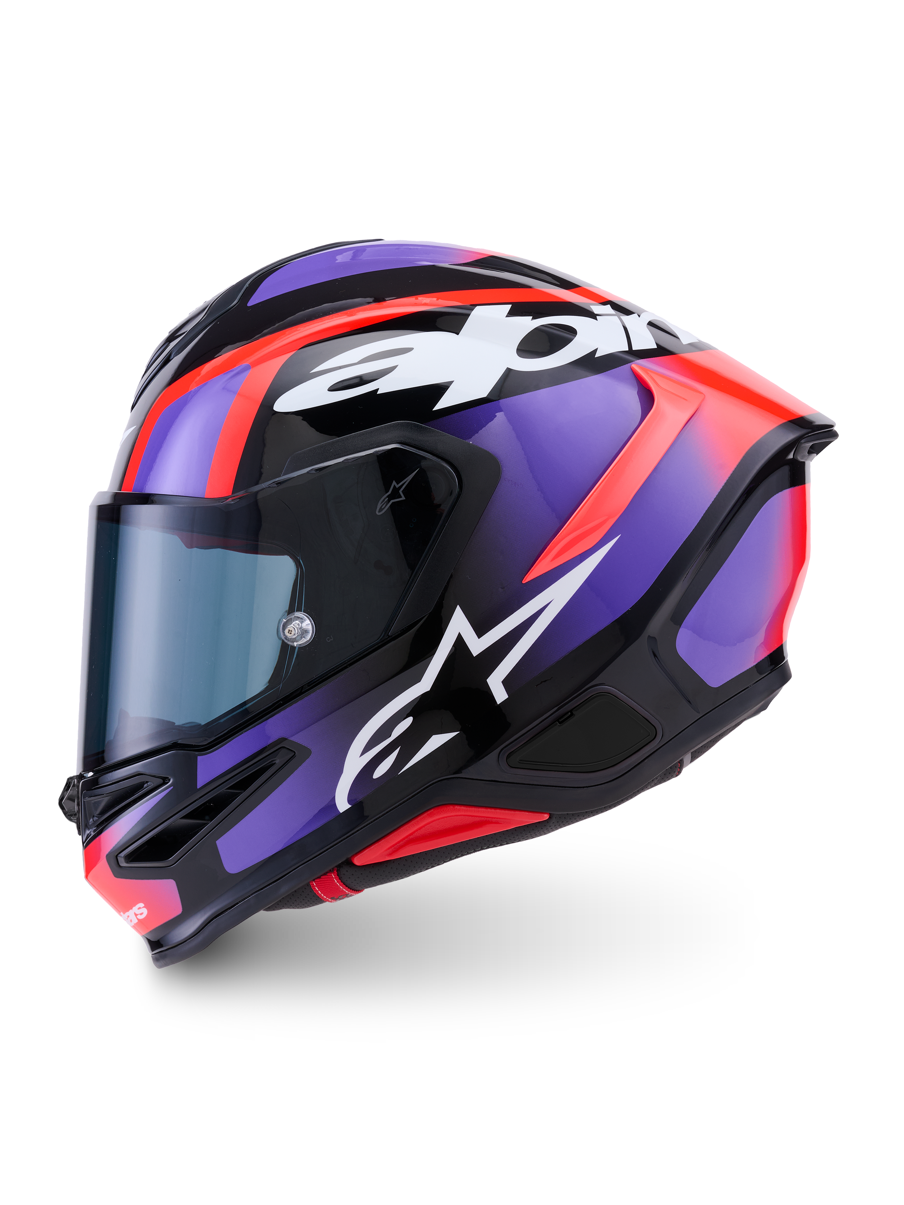 Alpinestars S-R7 Lumen Helmet ECE 22.06, full-face road racing motorcycle helmet in Black, Purple, Red Fluo, and White Glossy with carbon composite construction and aerodynamic design