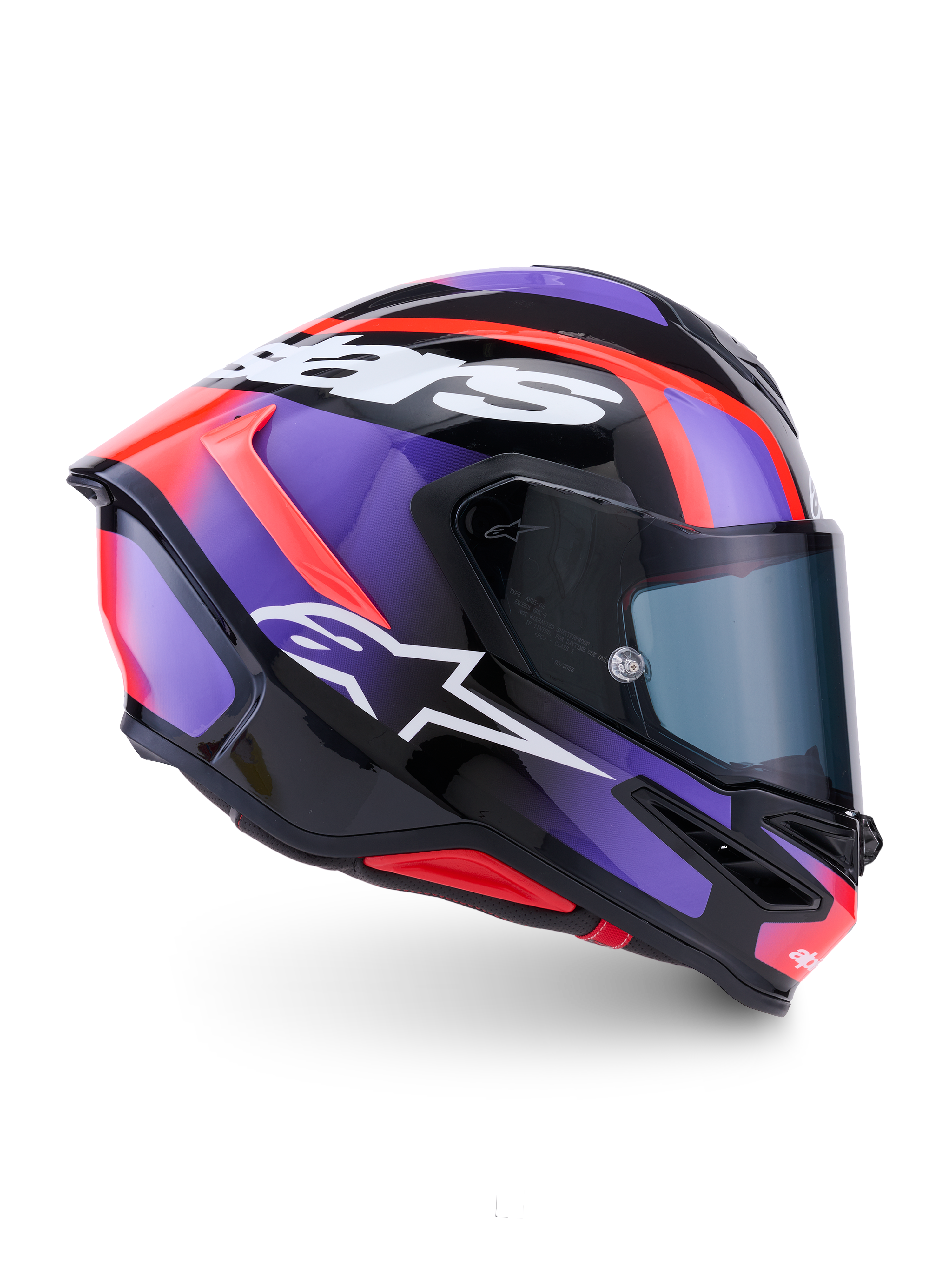 Alpinestars S-R7 Lumen Helmet ECE 22.06, full face motorcycle racing helmet, Black, Purple, Red, and White, carbon construction, ECE certified