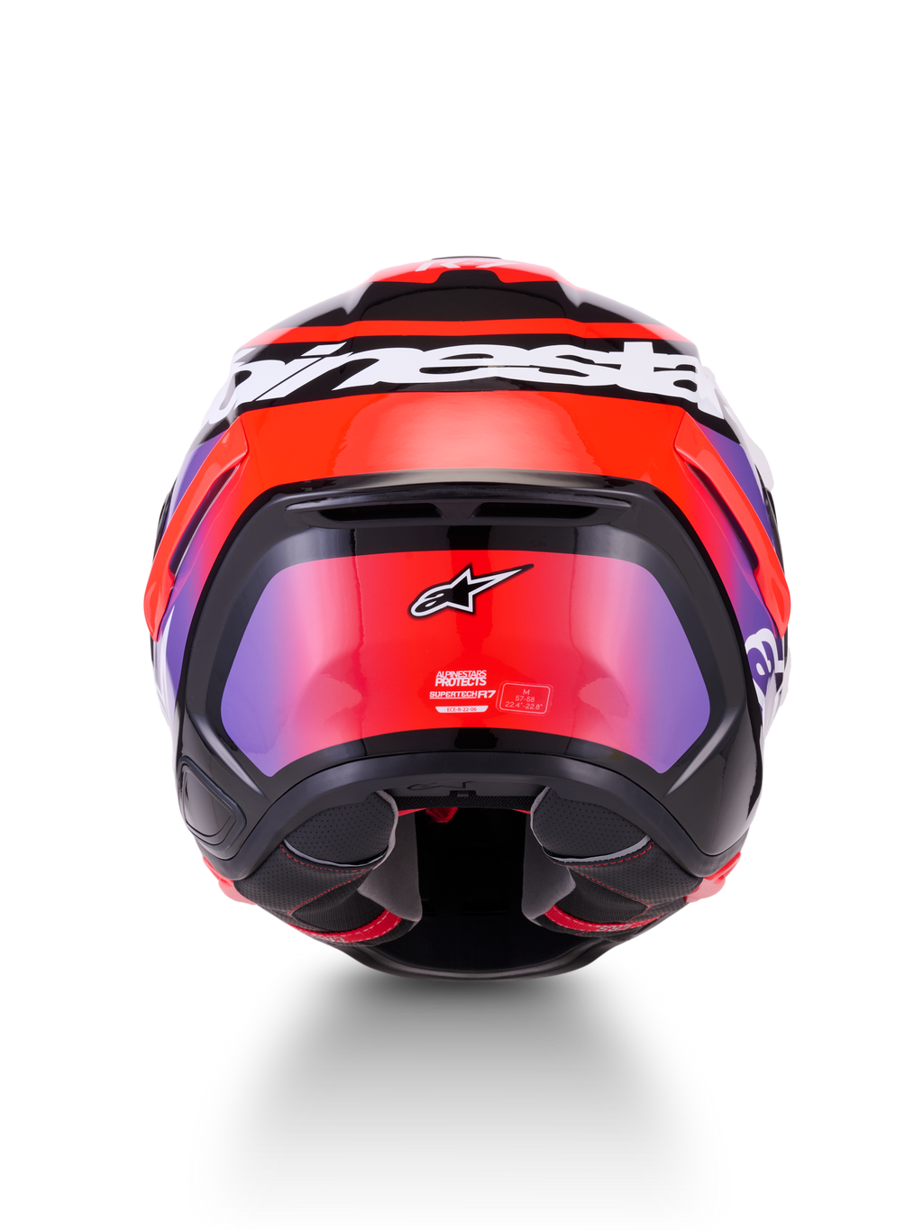 Alpinestars S-R7 Lumen Helmet ECE 22.06, full face motorcycle racing helmet, rear view showing carbon composite construction and aerodynamic spoiler in Black, Purple, Red Fluo, and White Glossy