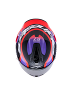 Alpinestars S-R7 Lumen Helmet ECE 22.06, full-face motorcycle racing helmet, top view showing carbon composite construction in black, purple, red fluo, and glossy white