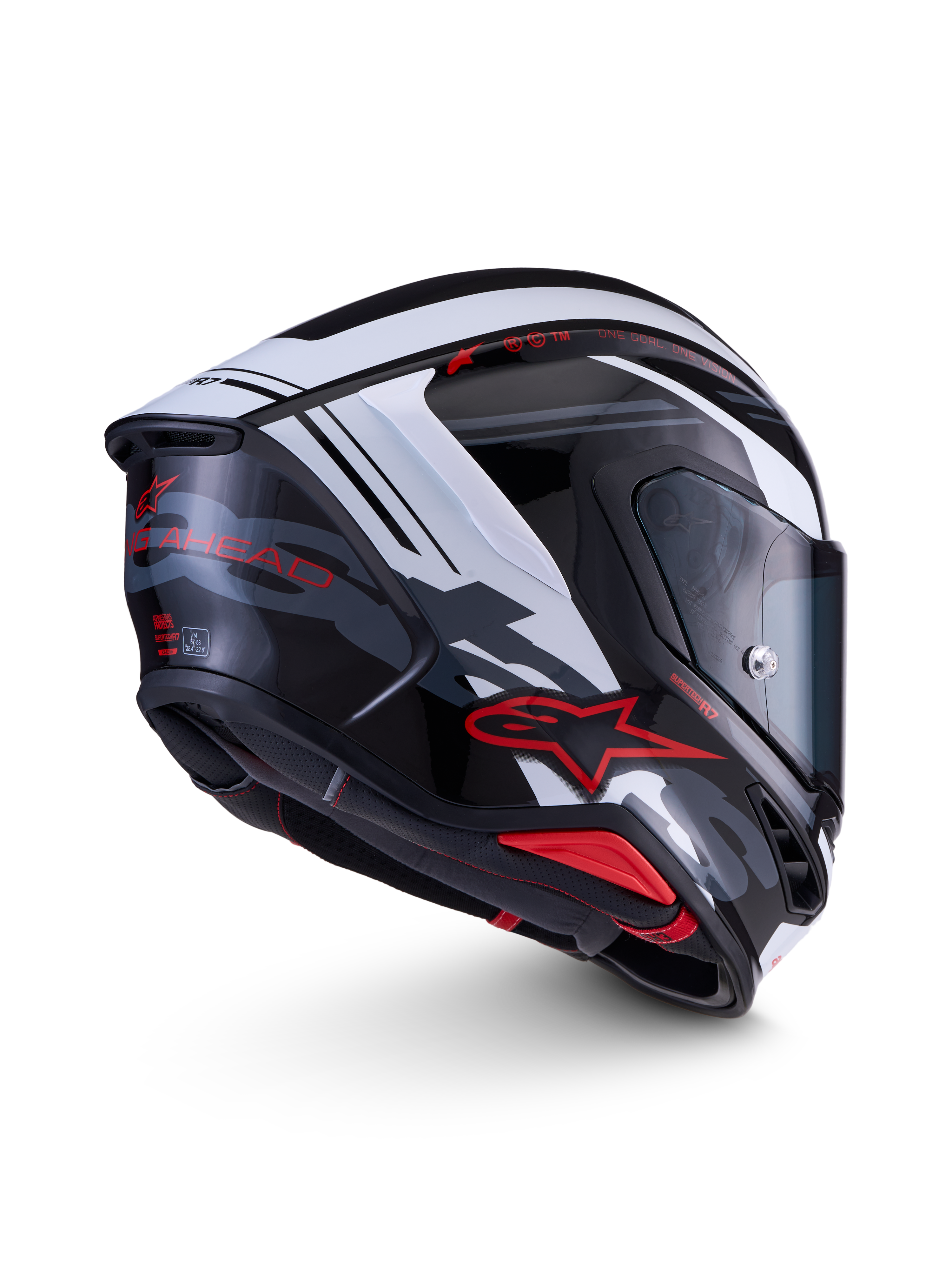 Alpinestars S-R7 A-Core Helmet, full face motorcycle racing helmet, Black White and Red Glossy, ECE 22.06 certified carbon composite construction with advanced aerodynamics