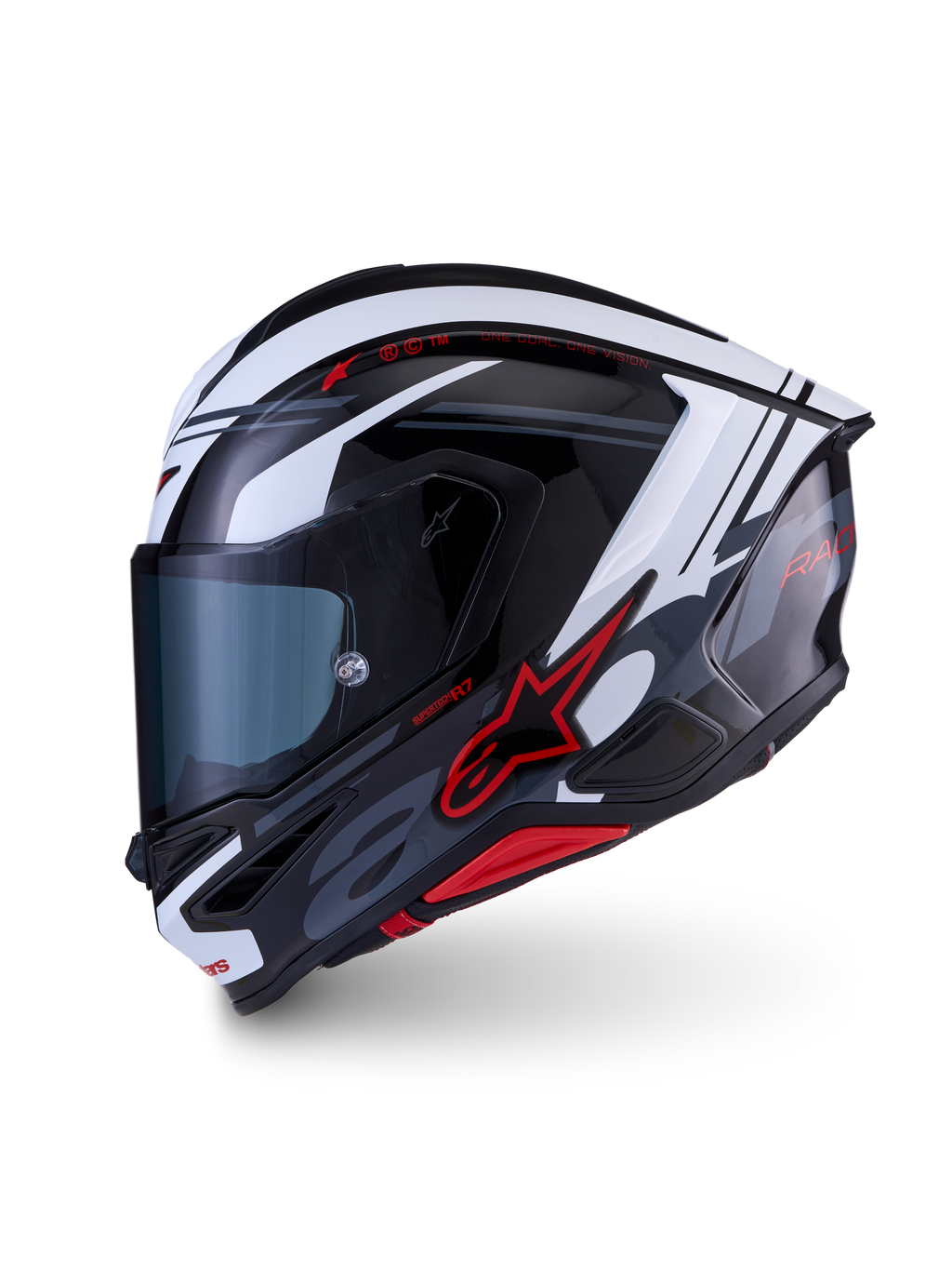Alpinestars S-R7 A-Core Helmet ECE 22.06, motorcycle road racing full-face helmet in Black, White, and Red Glossy, carbon composite construction