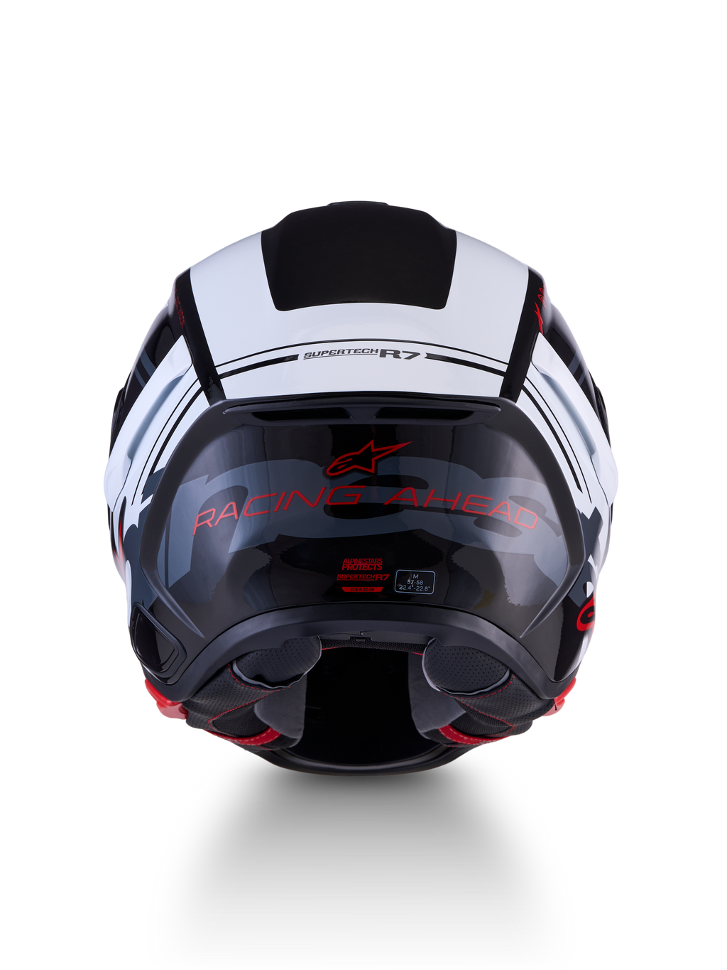 Alpinestars S-R7 A-Core Helmet ECE 22.06, road racing motorcycle helmet, back view showing carbon composite construction, Black, White, and Red Glossy finish with RACING AHEAD lettering and ECE certification label