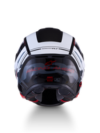 Alpinestars S-R7 A-Core Helmet ECE 22.06, road racing motorcycle helmet, back view showing carbon composite construction, Black, White, and Red Glossy finish with RACING AHEAD lettering and ECE certification label