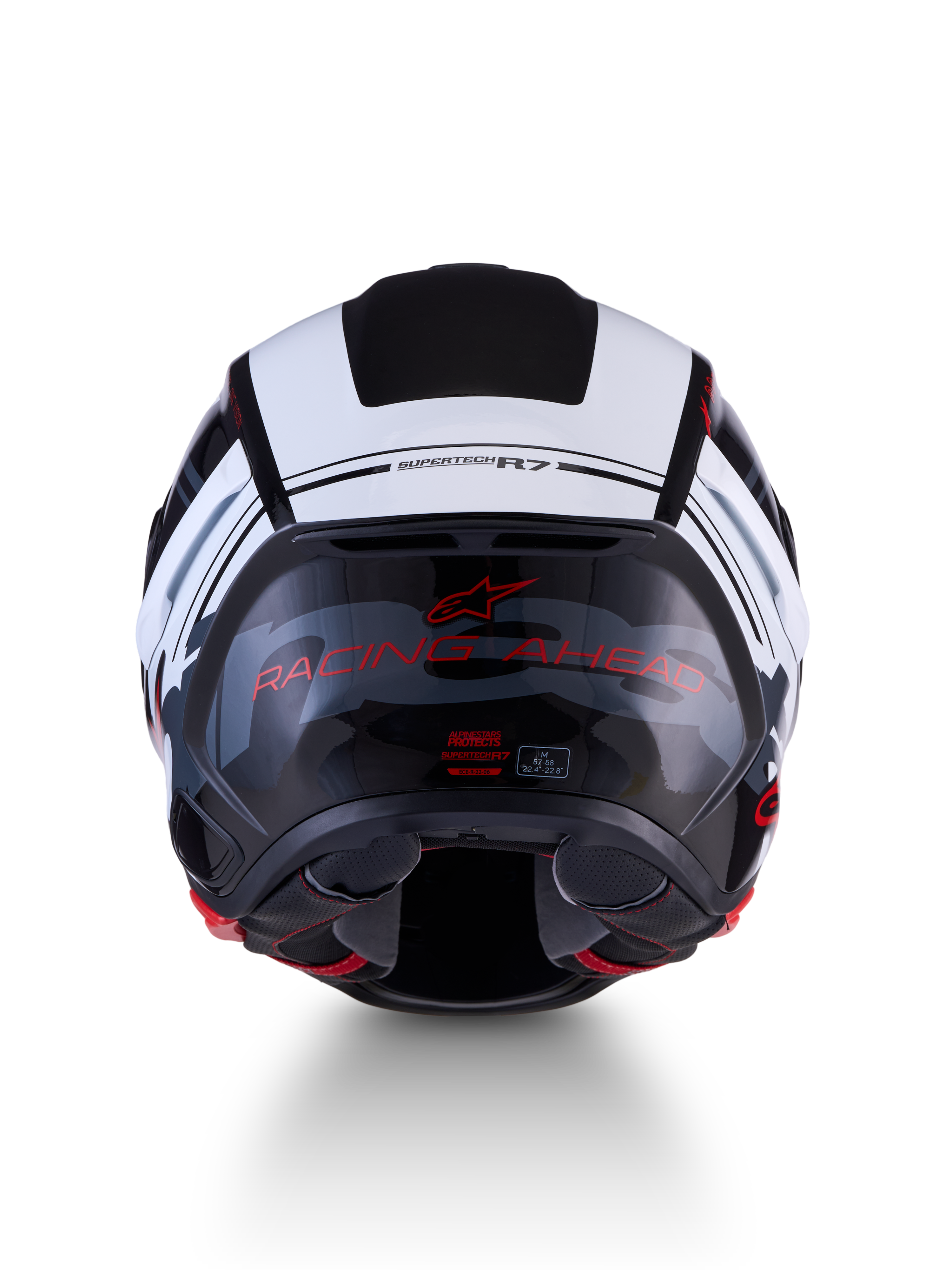 Alpinestars S-R7 A-Core Helmet ECE 22.06, road racing motorcycle helmet, back view showing carbon composite construction, Black, White, and Red Glossy finish with RACING AHEAD lettering and ECE certification label